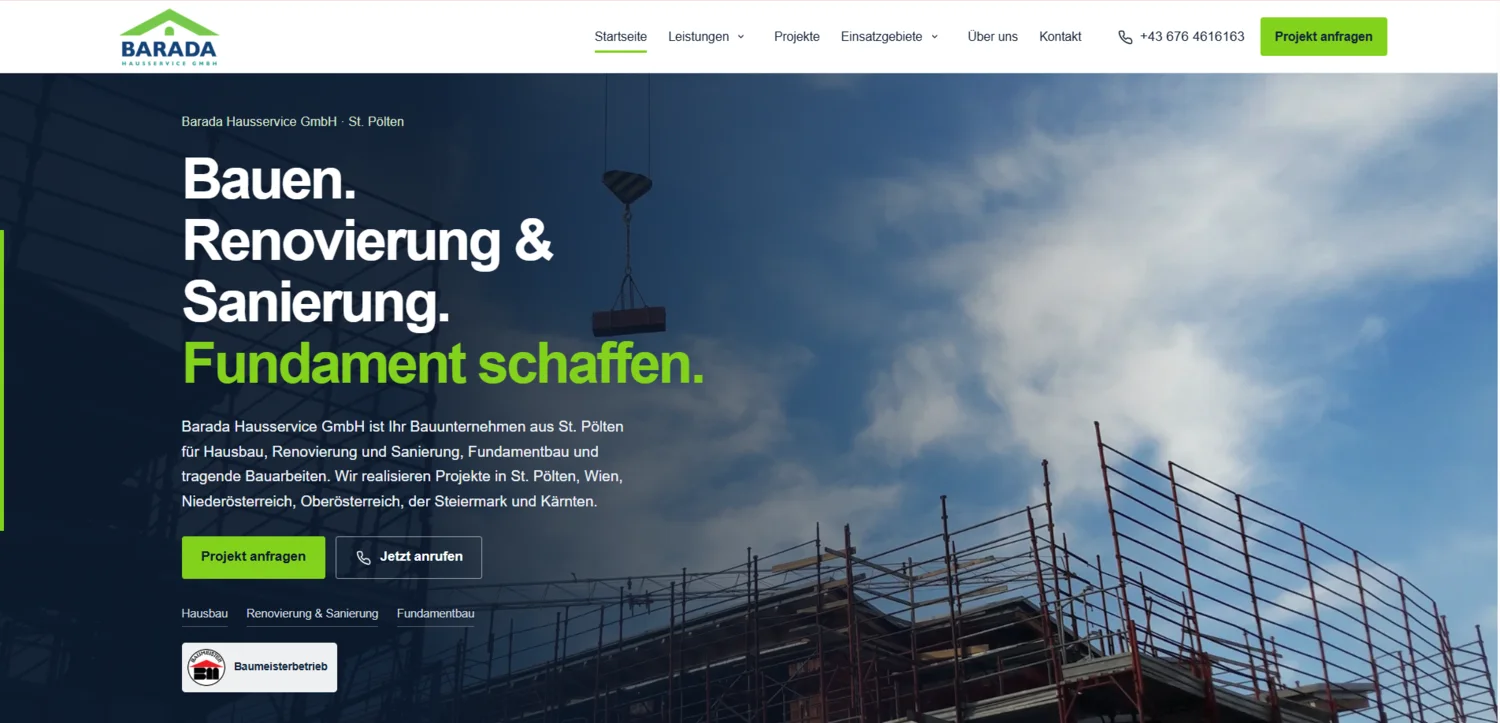 Screenshot der Website der Barada Hausservice GmbH, Bauunternehmen aus St. Pölten