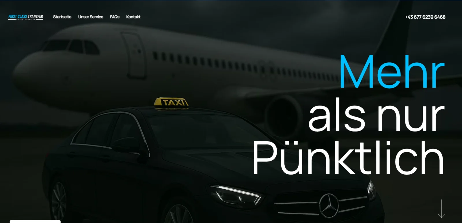 Startseite von First Class Transfer mit Flughafentransfer und Taxi Bildsprache