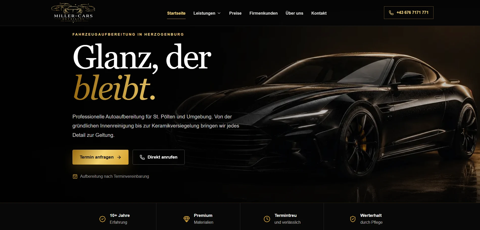Startseite von Miller Cars Detailing mit dunkler Fahrzeugbildsprache und goldenen Akzenten